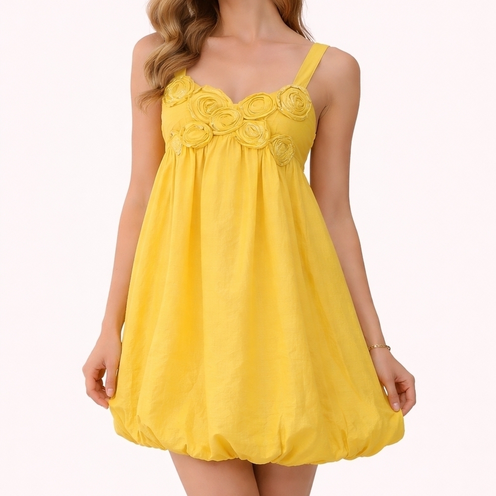 PAPAYA Mod Canary Yellow Taffetta Metallic Rosette Bubble Tank Micro Dress